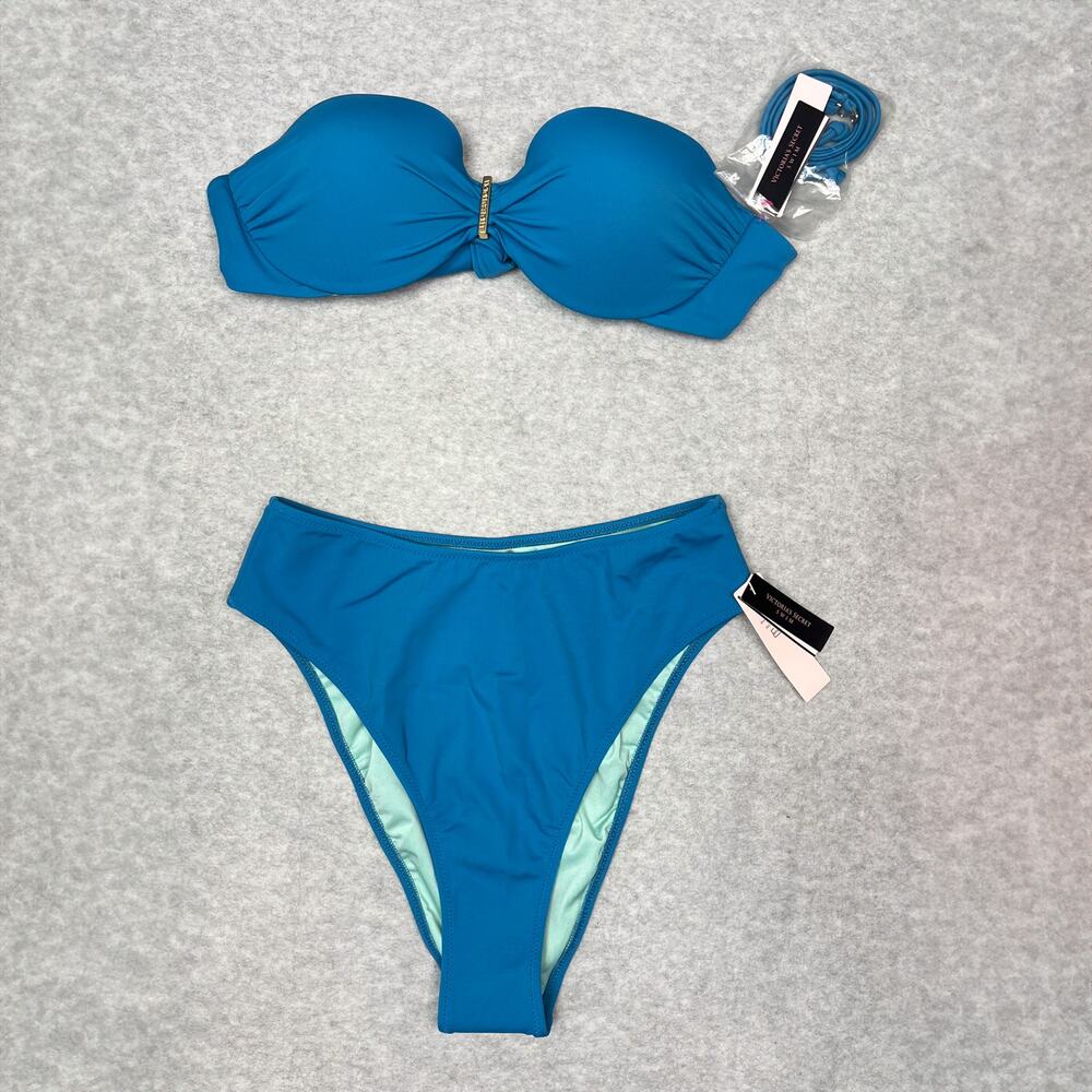 Victoria's Secret Swim Blue Bandeau Top High Cut Bottoms Bikini‎ Size 32C/ Small